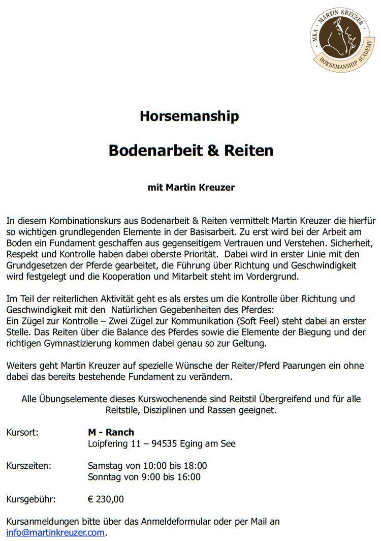 Martin Bodenarbeit und Reiten Kurs in Eging